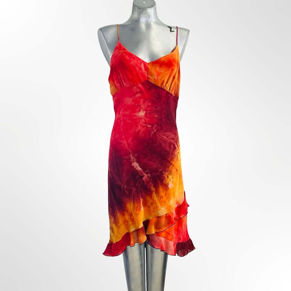 Dunamis USA Red and Orange Tie Dye Spaghetti Strap Ruffle Hem Slip Dress